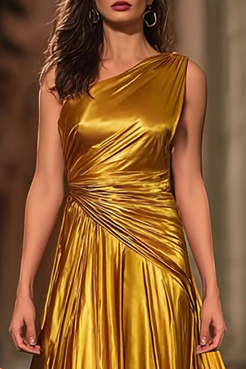 Sparkly Gold Metallic Ruched One Shoulder Long Formal Dress