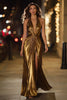 Load image into Gallery viewer, Sparkly Gold Halter Metallic Ruched Long Formal Dress with Slit