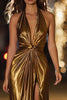 Load image into Gallery viewer, Sparkly Gold Halter Metallic Ruched Long Formal Dress with Slit