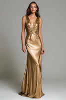Load image into Gallery viewer, Sparkly Gold Deep V-Neck Metallic Long Formal Dress