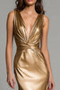 Load image into Gallery viewer, Sparkly Gold Deep V-Neck Metallic Long Formal Dress