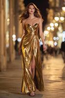 Load image into Gallery viewer, Sparkly Gold Sweetheart Metallic Long Formal Dress with Slit
