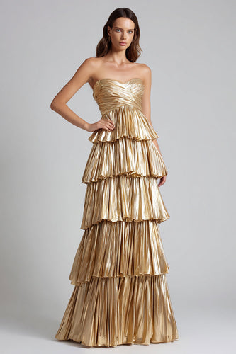 Sparkly Gold Sweetheart Metallic Pleated Tiered Long Formal Dress