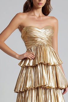 Sparkly Gold Sweetheart Metallic Pleated Tiered Long Formal Dress
