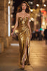 Load image into Gallery viewer, Sparkly Gold Metallic Ruched Sweetheart Long Formal Dress with Slit