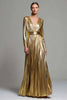 Load image into Gallery viewer, Sparkly Gold Metallic Pleated V-Neck Long Sleeves A-Line Long Formal Dress