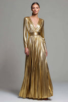 Load image into Gallery viewer, Sparkly Gold Metallic Pleated V-Neck Long Sleeves A-Line Long Formal Dress