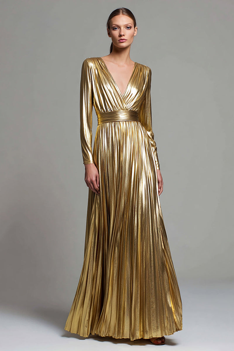 Load image into Gallery viewer, Sparkly Gold Metallic Pleated V-Neck Long Sleeves A-Line Long Formal Dress