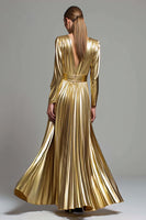 Load image into Gallery viewer, Sparkly Gold Metallic Pleated V-Neck Long Sleeves A-Line Long Formal Dress