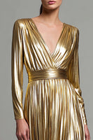 Load image into Gallery viewer, Sparkly Gold Metallic Pleated V-Neck Long Sleeves A-Line Long Formal Dress