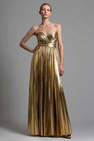 Load image into Gallery viewer, Sparkly Gold Metallic Pleated Sweetheart A-Line Long Formal Dress