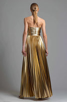 Load image into Gallery viewer, Sparkly Gold Metallic Pleated Sweetheart A-Line Long Formal Dress