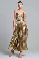 Load image into Gallery viewer, Sparkly Gold Spaghetti Straps Metallic Pleated A-Line Long Formal Dress