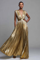 Load image into Gallery viewer, Sparkly Gold Deep V-Neck Metallic Pleated A-Line Long Formal Dress