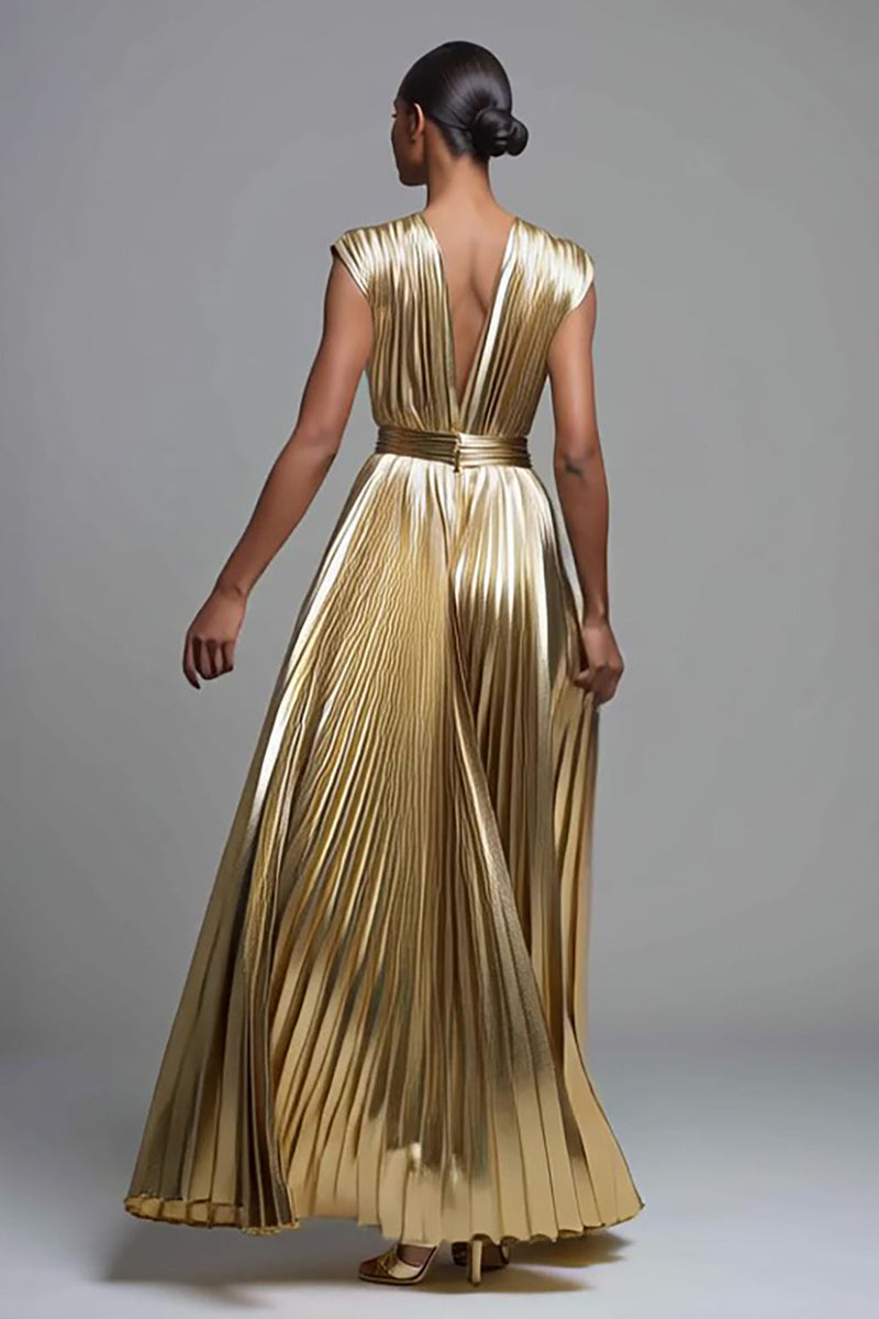 Load image into Gallery viewer, Sparkly Gold Deep V-Neck Metallic Pleated A-Line Long Formal Dress