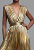 Load image into Gallery viewer, Sparkly Gold Deep V-Neck Metallic Pleated A-Line Long Formal Dress