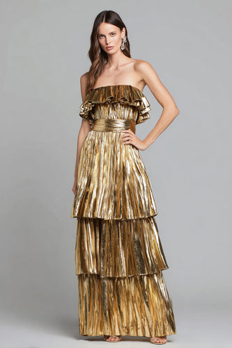 Sparkly Gold Metallic Pleated Tiered A-Line Long Formal Dress