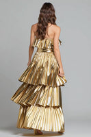 Load image into Gallery viewer, Sparkly Gold Metallic Pleated Tiered A-Line Long Formal Dress