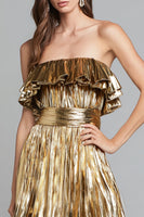 Load image into Gallery viewer, Sparkly Gold Metallic Pleated Tiered A-Line Long Formal Dress
