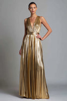 Load image into Gallery viewer, Sparkly Gold A-Line Metallic Pleated V-Neck Long Formal Dress