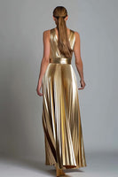 Load image into Gallery viewer, Sparkly Gold A-Line Metallic Pleated V-Neck Long Formal Dress