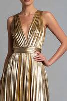 Load image into Gallery viewer, Sparkly Gold A-Line Metallic Pleated V-Neck Long Formal Dress