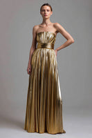 Load image into Gallery viewer, Sparkly Gold A-Line Metallic Pleated Strapless Long Formal Dress