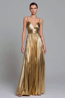 Load image into Gallery viewer, Sparkly Gold A-Line Metallic Pleated Spaghetti Straps Long Formal Dress
