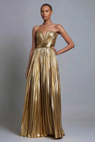 Load image into Gallery viewer, Sparkly Gold Strapless A-Line Metallic Pleated Long Formal Dress