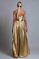 Load image into Gallery viewer, Sparkly Gold Strapless A-Line Metallic Pleated Long Formal Dress