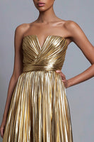 Load image into Gallery viewer, Sparkly Gold Strapless A-Line Metallic Pleated Long Formal Dress