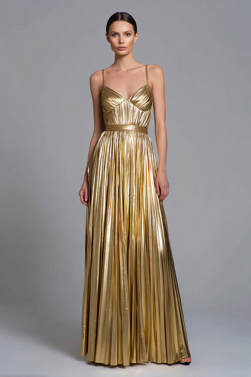 Load image into Gallery viewer, Sparkly Gold A-Line Metallic Pleated Long Formal Dress