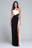 Load image into Gallery viewer, Black and White One Shoulder Satin Long Formal Dress with Slit