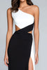 Load image into Gallery viewer, Black and White One Shoulder Satin Long Formal Dress with Slit