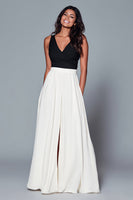 Load image into Gallery viewer, Black and White A Line V-Neck Long Formal Dress