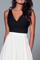 Load image into Gallery viewer, Black and White A Line V-Neck Long Formal Dress