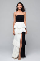 Load image into Gallery viewer, Black and White Strapless Tiered Long Formal Dress with Slit