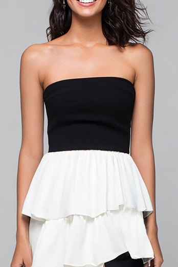 Black and White Strapless Tiered Long Formal Dress with Slit