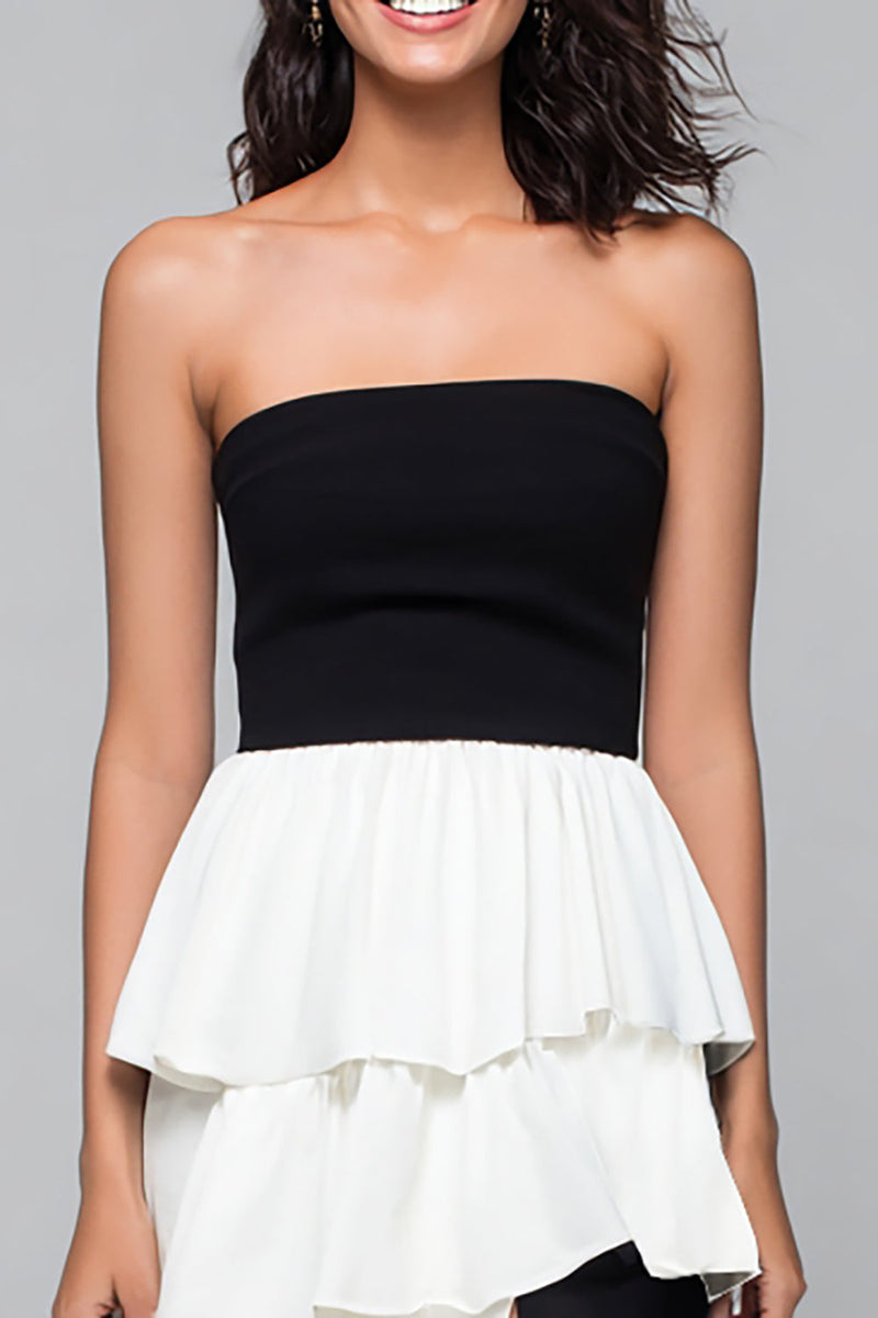 Load image into Gallery viewer, Black and White Strapless Tiered Long Formal Dress with Slit