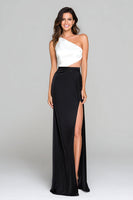 Load image into Gallery viewer, Black and White Sheath One Shoulder Long Formal Dress with Slit