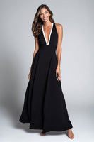 Load image into Gallery viewer, Black and White Deep V-Neck A Line Long Formal Dress