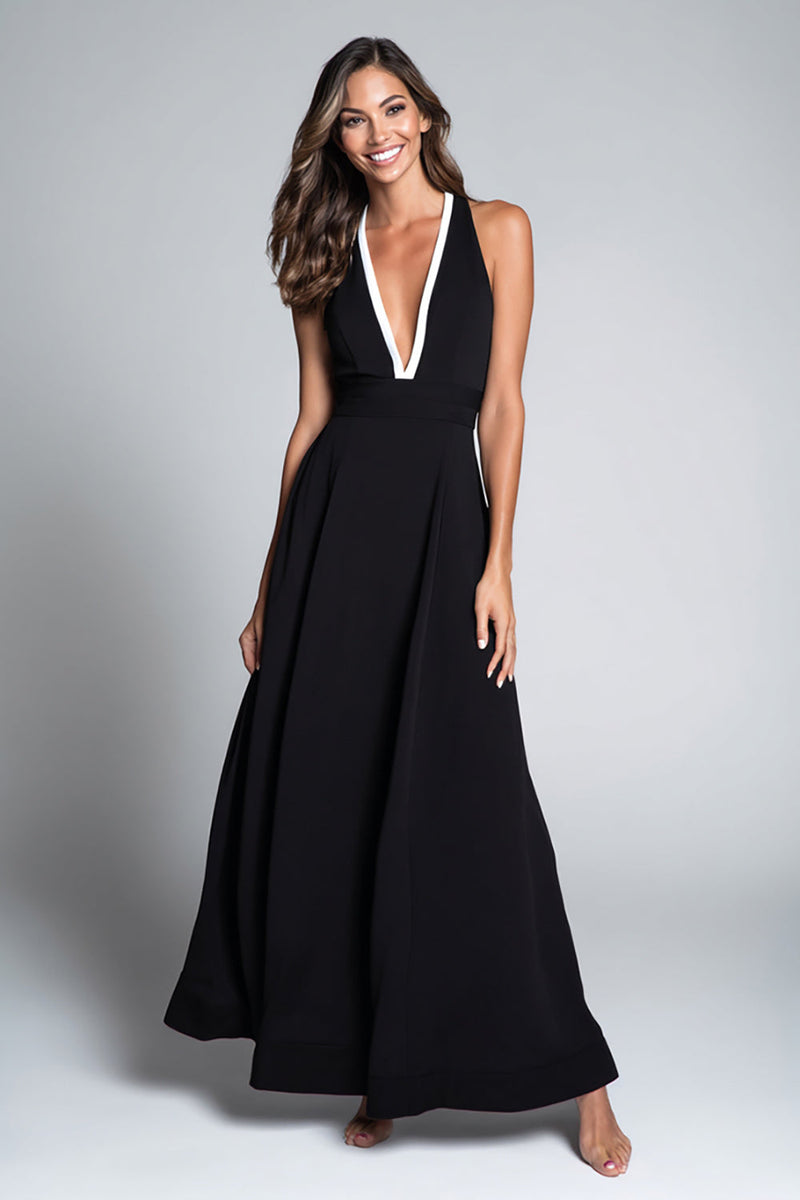 Load image into Gallery viewer, Black and White Deep V-Neck A Line Long Formal Dress