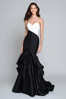 Load image into Gallery viewer, Black and White Patchwork Mermaid Long Formal Dress with Ruffles