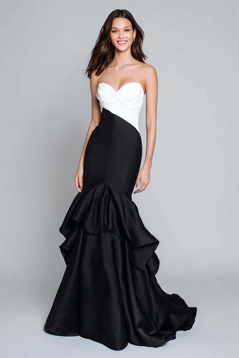 Load image into Gallery viewer, Black and White Patchwork Mermaid Long Formal Dress with Ruffles