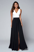 Load image into Gallery viewer, Black and White A Line V-Neck Long Formal Dress with Slit