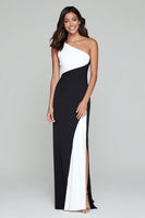 Load image into Gallery viewer, Black and White One Shoulder Patchwork Long Formal Dress with Slit