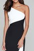 Load image into Gallery viewer, Black and White One Shoulder Patchwork Long Formal Dress with Slit