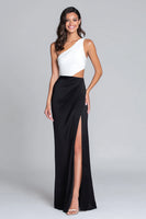 Load image into Gallery viewer, Black and White Satin One Shoulder Long Formal Dress with Slit