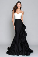 Load image into Gallery viewer, Black and White Mermaid Ruffled Long Satin Formal Dress