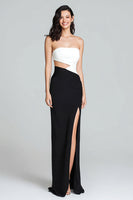 Load image into Gallery viewer, Black and White Cut Out Strapless Long Satin Formal Dress with Slit